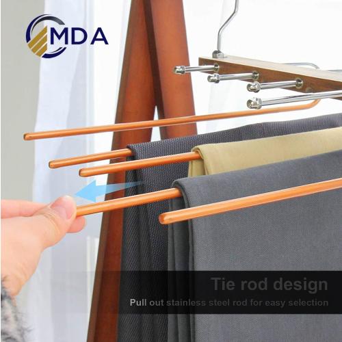 Wooden Pant Hanger - 5 Layers Space Saver - Trouser Hanger, Space-Saving 5-in-1 Trouser Hanger, Stainless Steel Extendible, Multi Hanger, Magic Hanger, Wardrobe Clothes Hanger Holder