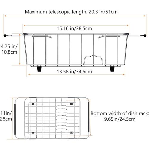NiuYichee Stainless Steel Dish Drying Rack(15L X 11W X 4.1H), Expandable Fruit & Vegetable Drain Rack over Sink, Dish Drainer Rack in Sink, with Stainless Steel Utensil Holder & Silicone Mat(16)