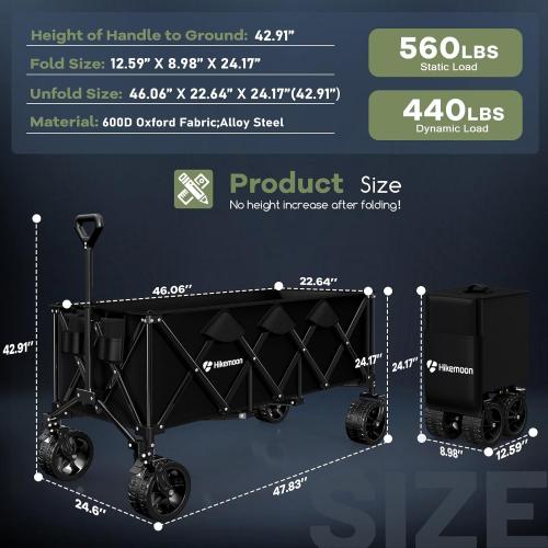 300L Extra Large Wagons Carts Foldable, 560LBS Heavy Duty Collapsible Beach Wagon 48 Long with Big All-Terrain Wheels, Utility Folding Cart for Camping, Grocery, Sports, Garden, Black