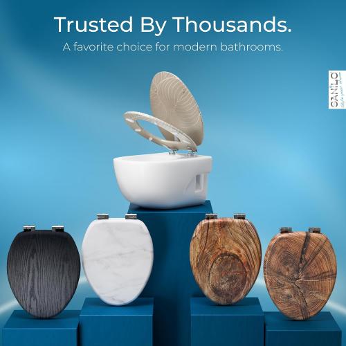 SANILO Wooden Toilet Seat with Soft Close [ELONGATED] - Decorative, Quiet & Slow Close Molded Wood Seat - With Strong Bumpers & Hinges - Adjustable Fit - Hosta