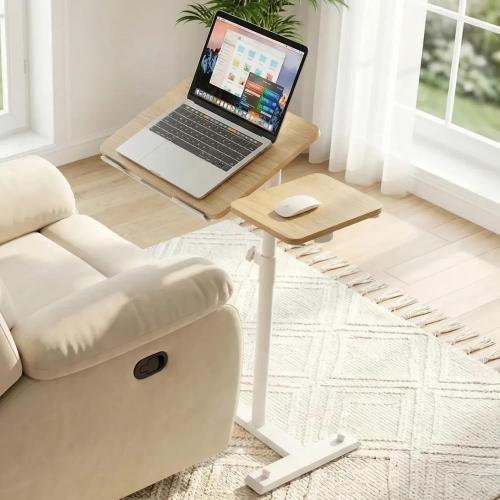 YUHFERA Rolling Table for Laptop Stand, Height and Angle Adjustable Over Bed Table with Wheels, Tilt-Top Laptop Desk for Couch with Cup Holder, Bed Table Tray for Eating (Oak)