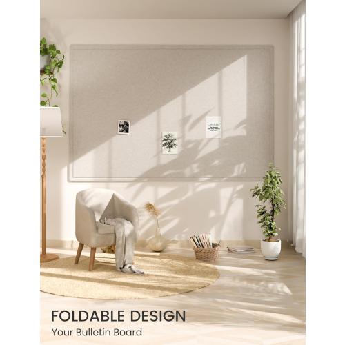 Fluxynara Large Bulletin Board, 70.8 x 47.2 Cork Board Alternative with 48 Safe Removable Adhesive Tabs, Foldable Felt Pin Board for Home Office, Classroom, Bedroom,Entryway for Walls—Oatmeal