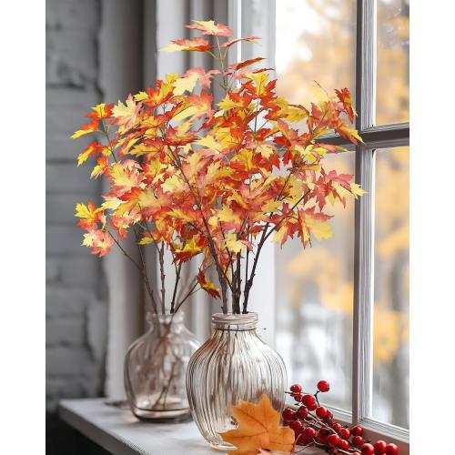 DuHouse 6 pcs  Artificial Maple Leaves Branches, Fall Faux Maple Leaf Stems for Vase, Autumn Decorations for Home, Thanksgiving, Halloween, Wedding Centerpiece Decor