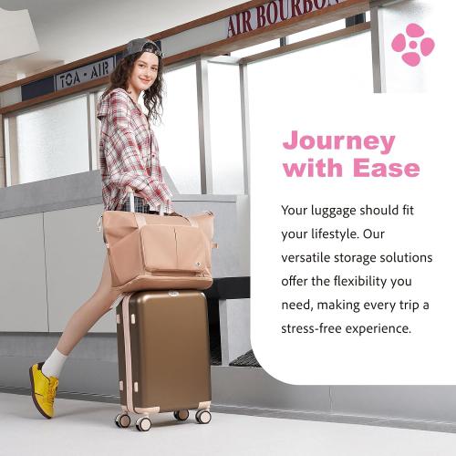 Size 20 Set of 4-Piece Color Gold  Lightweight Luggage Sets for Women, Hardshell Spinner Suitcase with TSA Lock, Expandable Duffel Bag, Luggage Strap, and Leather Tag（Titanium Gold, 20inch)