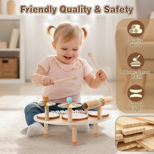 Vanplay Drum Set for Toddler - Toys for 2 3 4 Year Old Girls Boy Gifts - 9 in 1 Wooden Montessori Musical Instruments with Xylophone for Kids 3-5, Christmas Birthday Gifts for Toddlers 2-4