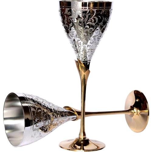 Silver StonKraft eSplanade Engraved Brass Goblet Champagne Glasses Flutes Coupes Wine Glass Set (Thick) - Silver Polished
