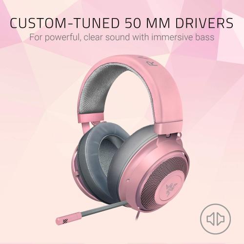 Pink and Grey Razer Kraken Gaming Headset: Lightweight Aluminum Frame, Retractable Noise Isolating Microphone, For PC, PS4, PS5, Switch, Xbox One, Xbox Series X & S, Mobile, 3.5 mm Audio Jack - Quartz Pink