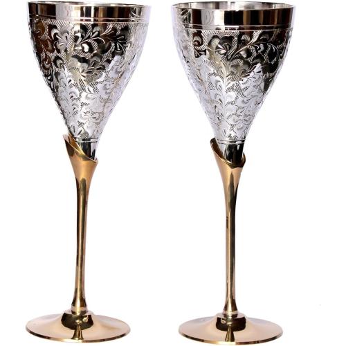 Silver StonKraft eSplanade Engraved Brass Goblet Champagne Glasses Flutes Coupes Wine Glass Set (Thick) - Silver Polished