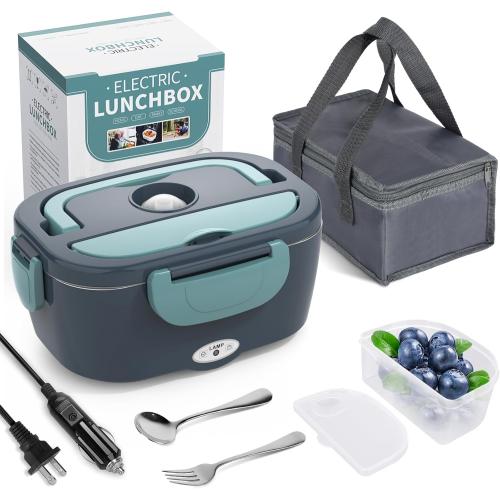 Electric Lunch Box Food Heater, 3 in 1 Ultra Quick Heated Lunch Boxes for Adults, 12V/24V/110V Portable Food Warmer for Car/Truck/Office With Fork Spoon and Insulated Carry Bag