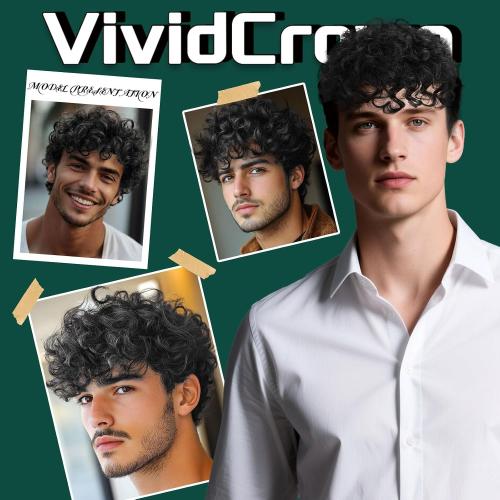 Toupee for Men Human Hair Men‘s Black Wig Short Curly Hair Fluffy Realistic Hair Wig Thin Skin Daily Party Costume Wig for Male(Black)