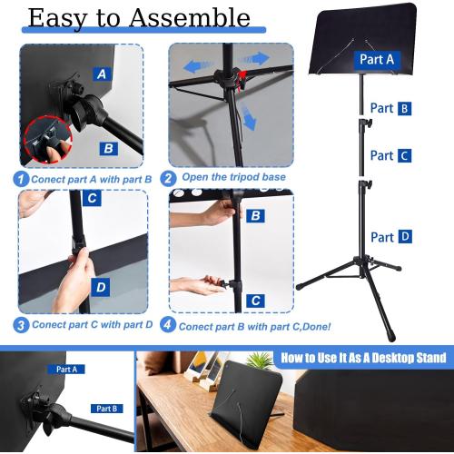 Sheet Music Stand with Light and Phone Holder, 57 Portable Music Stand for Sheet Music High Stability, Height Adjustable Music Stands with Carrying Bag(33-57inch, Plate without hole)