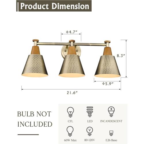 FEMILA Antique Brass Bathroom Vanity Light, 3-Lights Industrial Modern Wall Sconce Bathroom Lighting, Hammered Metal Shade Finish, 4FG59B-3W BG
