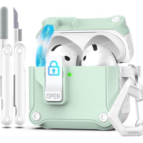 R-fun Compatible with AirPods 4th Gen Case, Full Drop Protection Auto Pop-Up Lid and Lock Design with Cleaner Kit and Keychain for AirPods 4 2024-White/Mint Green
