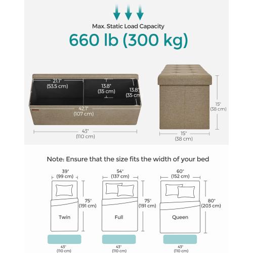 SONGMICS MAZIE Collection - 43 Inches Folding Storage Ottoman Bench, Ottoman Foot Rest, End of Bed Bench, Storage Chest, Load 660 lb, for Living Room, Bedroom, Entryway, Camel Brown ULSF077R01