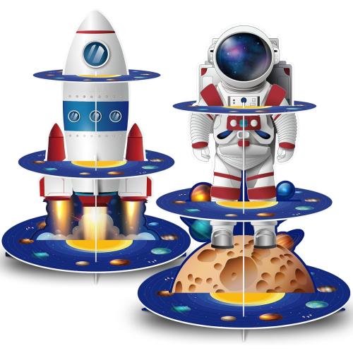 2 Pcs Space Themed Party Decorations Outer Space Cupcake Stand Galaxy Style Cake Stand 3 Tier Cardboard Cupcake Holder Dessert Tower for Birthday Party Supplies