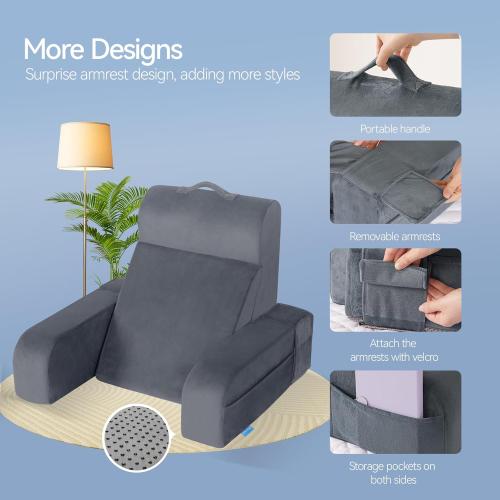 Kayfia Reading Pillow, 10 in 1 Back Pillow for Bed Sitting up with Detachable Arms Rest, Back Rest with Gel Memory Foam, Reading/Gaming/Working in Bed or Couch 19, Gray