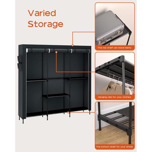 Size 81.5 Color Black Portable Closet, 81.5 Inch Extra Large Capacity Wardrobe Closet with Cover, Clothes Storage Organizer with Shelves and 5 Hanging Rods, Easy to Assembly, Black PCT136B01