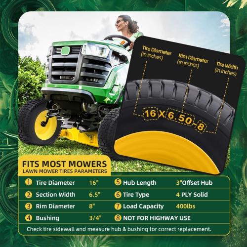 16x6.50-8 tire and wheel Flat Free Assemblies (2 Pack), Lawn Mower Tires with Rim, Solid Rubber Riding Lawn Mower Tires and Wheels,3 Offset Hub,3/4 Bushings,16x6.5-8 Tractor Turf Tire