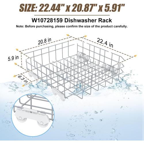 UPGRADED W10728159 W10525646 Dishwasher Lower Rack Replacement Compatible with Whirlpool Dishwasher Rack, Replace W10315890 W10078180 Kitchenaid Kenmore Elite Dishwasher Bottom Rack & WP3376961 wheels
