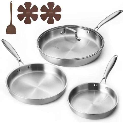 CAROTE 7-Piece Tri-Ply Stainless Steel Frying Pan Set, Skillet Set 8/10/12, Induction Compatible, Oven & Dishwasher Safe, bronze Handle ?❗ no lid