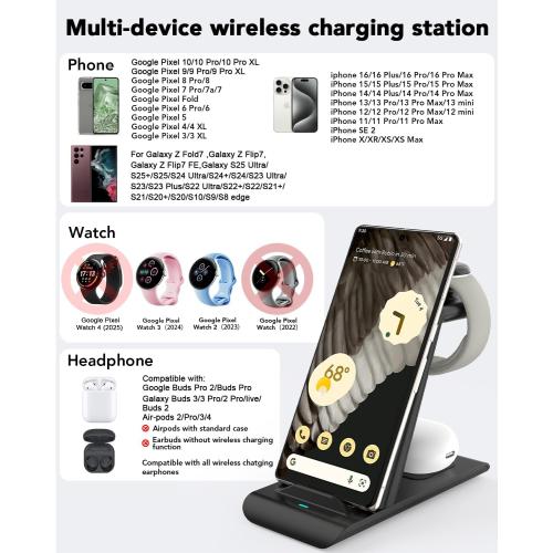 Upgraded 3 in 1 Wireless Charger for Google Pixel Watch 3/2, for Pixel 10/10 Pro/10 Pro XL/9 Pro/9/Fold/8,Buds Pro 2/Pro,Wireless Charging Station for Multiple Devices (Not for Google Watch 4/1)