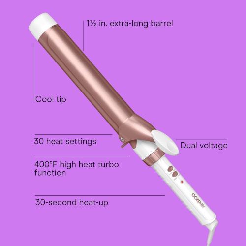 Conair Double Ceramic Curling Iron, 1 1/2 Extra-Long Barrel Hair Curling Iron, 30 Heat Settings, Turbo Heat, Auto Off, Cool Tip, Dual Voltage, Rose Gold
