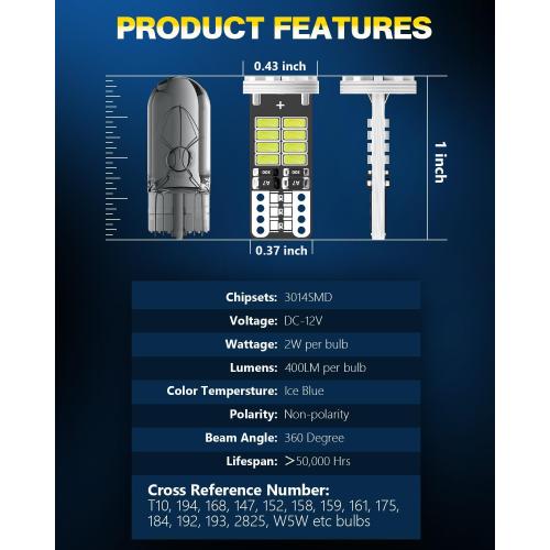 10Pcs 194 T10 168 W5W 2825 LED Bulb, Super Bright LED Car Interior Dome Map Camper RV License Plate Light Bulbs, Upgraded 25-SMD 3014 Chipsets 12V 400LM Ice Blue