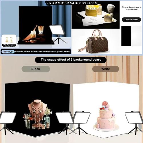 14PCS Absobent Black Flocked Photography Backdrop Boards with LED Lighting Studio Kit 16x16 inch Anti-Glare Photo Background Backdrop Shooting Tent for Product Food Jewelry Cosmetics Makeup