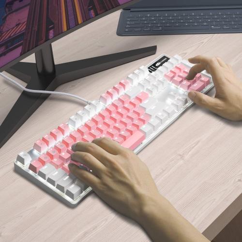Color White and Blue MageGee Mechanical Gaming Keyboard, New Upgraded Blue Switch 104 Keys White Backlit Keyboards, USB Wired Mechanical Computer Keyboard for Laptop, Desktop, PC Gamers