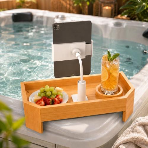 Bamboo Hot Tub Tray with 360°Adjustable Phone Holder, Hot Tub Drink Holder