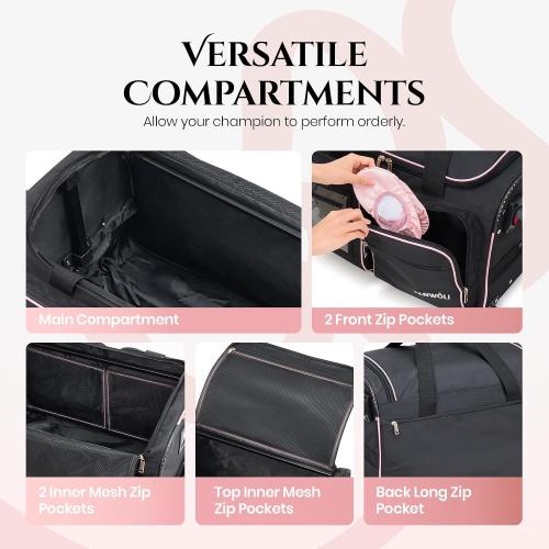Fanwoli 23 Dance Bag with Garment Rack 4 Wheels | Detachable 360° Wheels | Ultra-Light Collection | Ideal Competition Duffle Bag for Dream, Black with Pink Trim