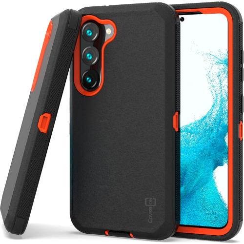 CoverON Rugged Designed for Galaxy S23 Plus Case, Heavy Duty Military Grade A Etched Grip Bumper Protective Armor Hybrid Rigid Skin Cover Fit Galaxy S23  Phone Case - Black/Orange