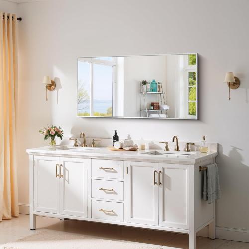 Silver 48x24 YIROMAN Bathroom Mirror 48x24, Large Brushed Silver Bathroom Mirror for Over Sink with Aluminum Frame, Rectangular Vanity Mirror with Right Angle, Wall Mirror Hangs Horizontal or Vertical