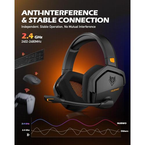 NUBWO Wireless Gaming Headset with Mic for Ps5 Ps4 PC, Zero Interference, 100-Hour Battery All-Day Play, 23ms Sync​ for Fortnite & Call of Duty/FPS Gamers, Triple Mode All Devices Compatible - Orange