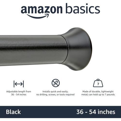 Amazon Basics Adjustable Sturdy Spring Tension Curtain Rod, No Drilling/No Holes, 36-54, Black, Classic Finial