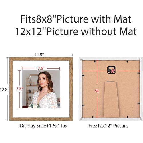 12x12 Picture Frame Set of 9, Display Pictures 8x8 with Mat or 12x12 without Mat, Multi Collage Gallery Square Photo Frames for Wall or Tabletop,Light Brown