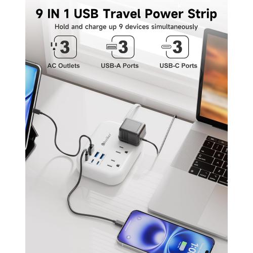6 USB(3 USB C) Power Strip- Travel Power Strip with 6 USB Desktop Charging Station 24W/4.8A and 3 Outlets, 5Ft Flat Plug Braided Extension Cord, Non Surge Protector for Cruise Ship Travel Office Dorm