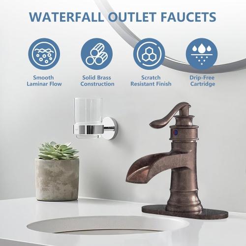 Homevacious Bathroom Faucet Copper Waterfall Bathroom Sink Faucets with Single Handle Rustic Vanity Farmhouse RV Faucet Suitable for 1 or 3 Holes with Pop-up Drain Deck Plate Hose