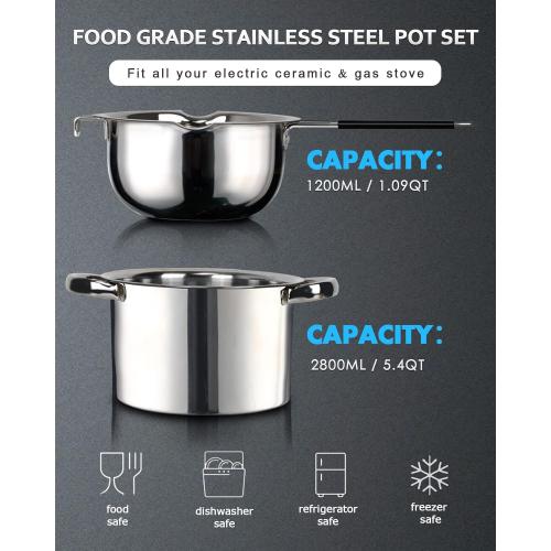 Double Boiler Pot Set,1200ML Double Boiler for Chocolate Melting, 2800ML 304 Stainless Steel Pot With Silicone Spatula for Melting Chocolate, Candy, Candle, Soap, Wax