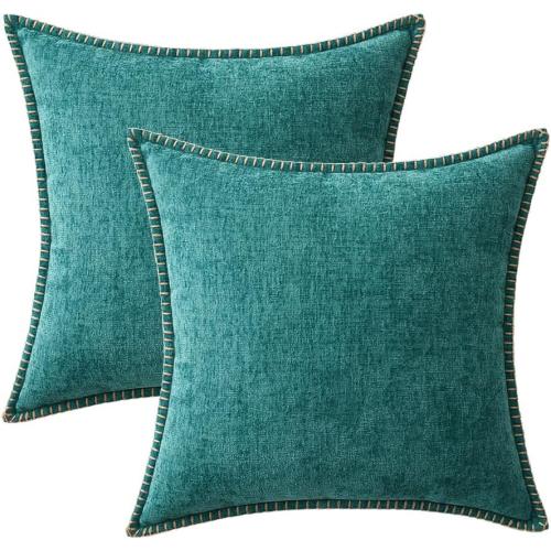MIULEE Pack of 2 Couch Throw Pillow Covers 18x18 Inch Coastal Teal Farmhouse Decorative Pillow Covers with Stitched Edge Soft Chenille Solid Dyed Spring Pillow Covers for Sofa Bed Living Room