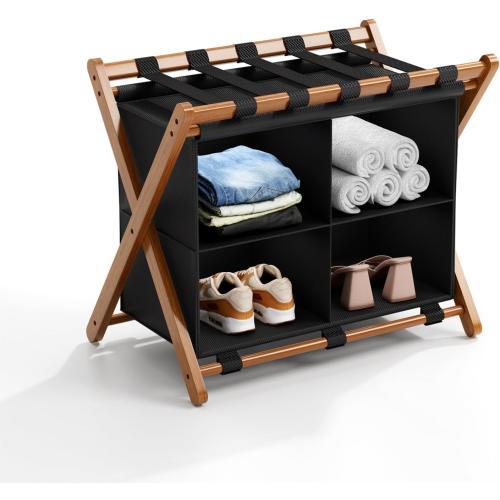 Color Brown and Black Bamboo Luggage Rack with 4 Storage Compartments, Foldable Suitcase Stand for Guest Room, 150lbs Capacity, Sturdy, Space-Saving and Easy to Assemble Organizer