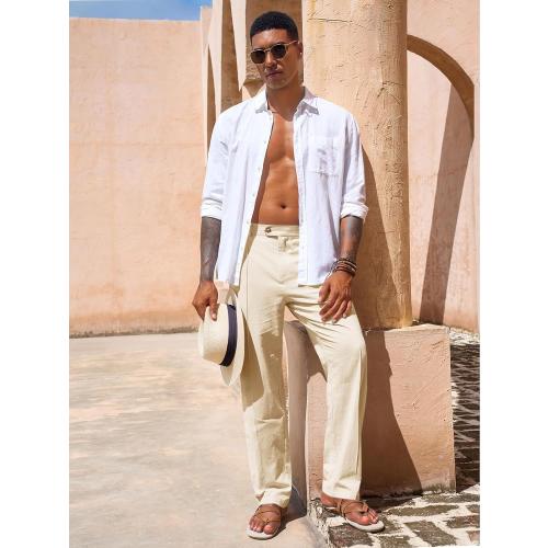Size 38-32...Runcati Mens Casual Pants Elastic Waist Cotton Linen Pants Pleated Loose Fit Lightweight Beach Yoga Trousers
