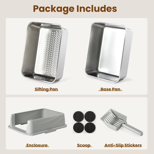 Stainless Steel Sifting Litter Box for Pine Pellets, Sifting Cat Litter Box with Sifter, High Side for Small Cats, Anti-Leakage, Odor Control, Includes Scooper, 17.7 x 13.8 x 11