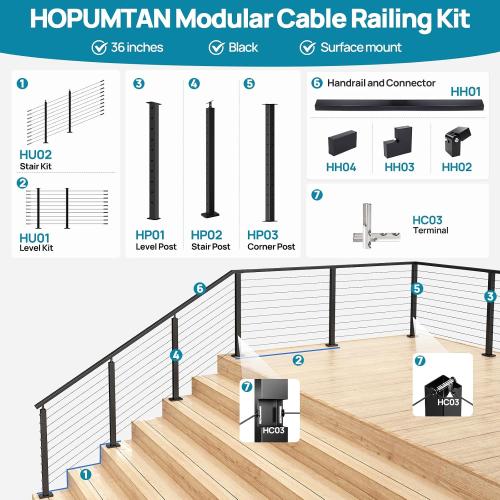 Size 36 Complete Set 10-15FT Stair Cable Railing System Black Stainless Steel Stair Railing Post Kit with Adjustable Top for 25-35 Degrees No Handrail for Indoor Outdoor Deck Stairway DIY HU02