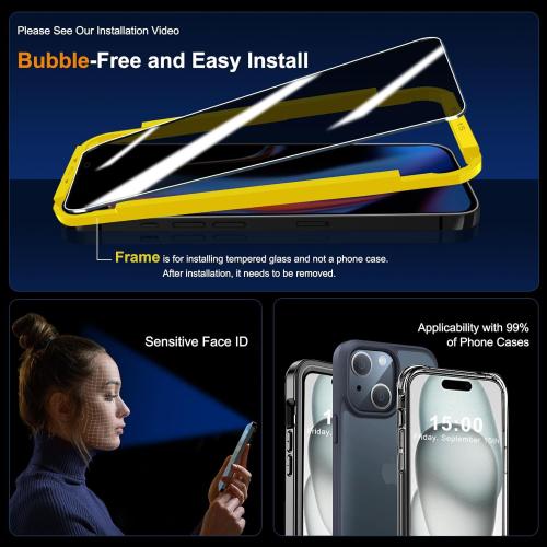 QHOHQ 3 Pack Privacy Screen Protector for iPhone 15 [6.1 Inch] with 3 Pack Camera Lens Protector, Anti Spy Tempered Glass Film, 9H Hardness, HD, Bubble Free, Case Friendly - Black