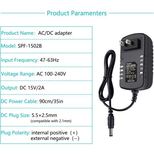 AC Adapter 15V 2A DC Power Supply Charger Input AC 100-240V 50/60Hz to Output DC 15Volt 2Amp 30W Charger Adapter Switching Transformer Converter 15V 2A AC/dc Adapter with 5.5 x 2.5mm Plug