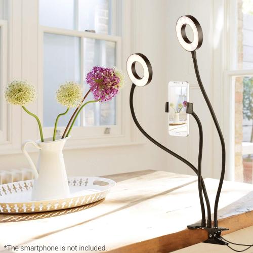 Andoer Clip-On LED Ring Light 3 Lighting Modes, USB Fill-in Lamp Dual Lights Dimmable Flexible Arms Design with Phone Holder for Live Video Chatting Selfie