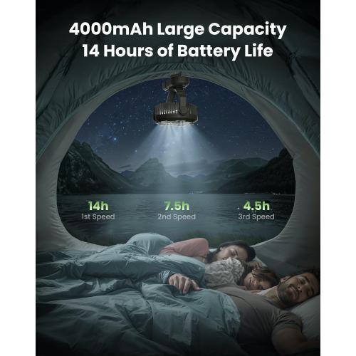 Gaiatop Portable Camping Fan with LED Lantern, Power Display 360° Head Rotation, Hanging Hook for Tent, 3 Speed Quiet Rechargeable, 4000mAh Battery Operated USB Fans for Indoor Outdoor Travel Black
