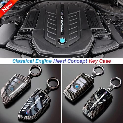 Alloy Car Key Case Rings Cover Holder for BMW 1 3 5 7 Series 530 F48 X1 X2 X3 X4 X5 X6 Classic Engine Head Concept (A Style Carbon Fiber)
