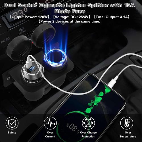 2PCS Cigarette Lighter Socket with Blade Fuse, 2-Socket Cigarette Lighter Splitter 12V Lighter Power Outlet Replacement Waterproof Plug for Car Marine Truck ATV RV